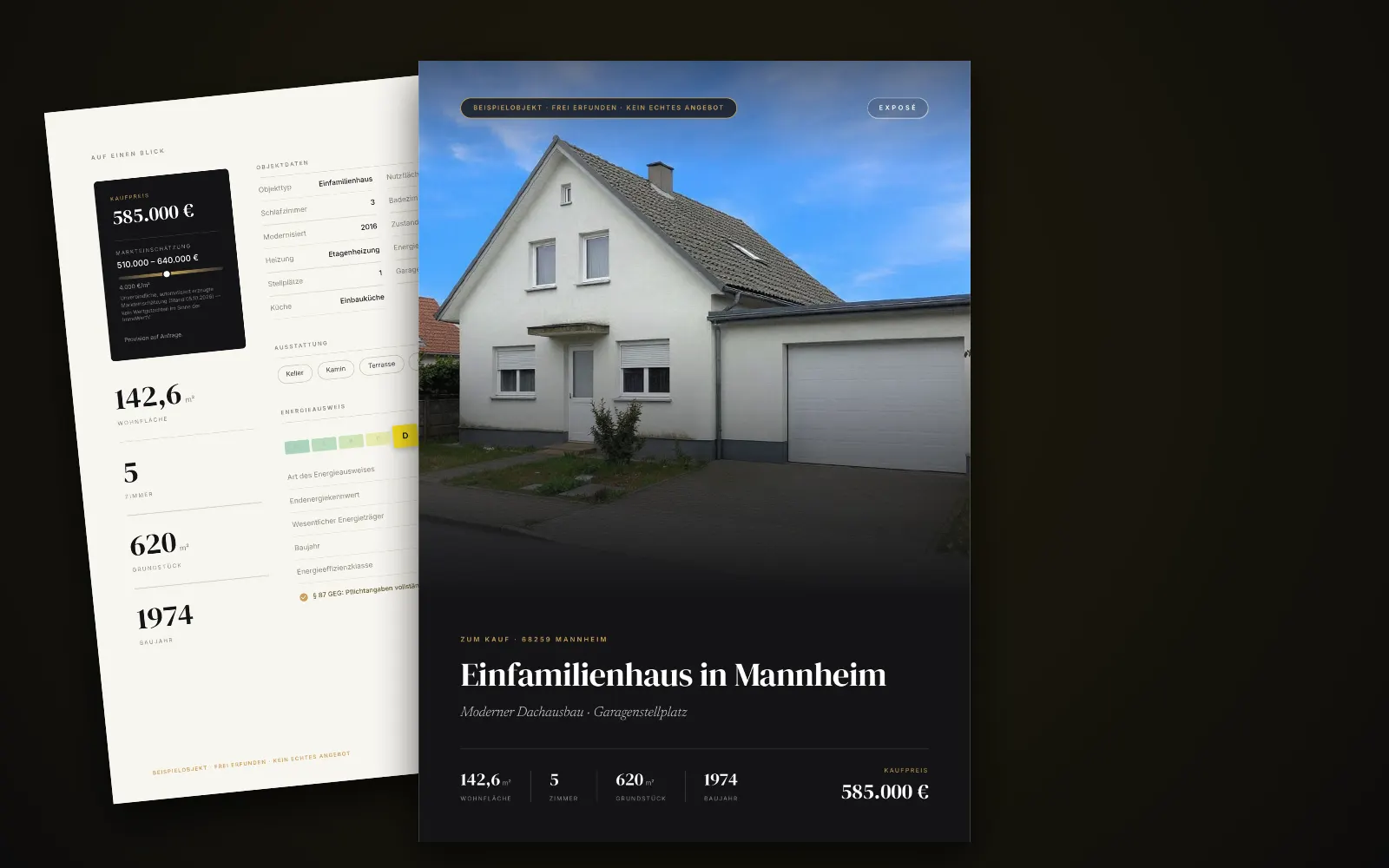 Exposé des Beispielobjekts in Mannheim: Titelseite mit Foto, Titel und Kaufpreis, dahinter zwei weitere Seiten